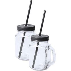 Mason Jar drinkbekers - 10x - glas - dop zwart met rietje - 500ml - Drinkbekers
