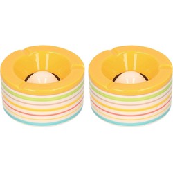 Set van 2x stuks terras asbakken/stormasbakken rond keramiek 14 x 7,5 cm geel met streep - Asbakken