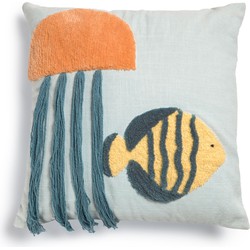 Kave Home - Cordelia 100% blauw katoenen kussenhoes met meerkleurige zeedieren, 45 x 45 cm