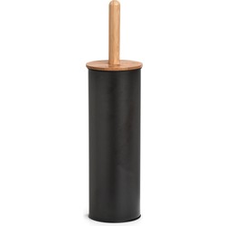 WC/Toiletborstel in houder - bamboe hout/metaal - zwart - H38 x D10 cm - Toiletborstels