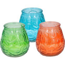 Arti Casa 6x stuks citronella Lowboy tafelkaarsen - 10 cm - blauw-oranje-groen glas - geurkaarsen