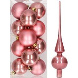 Set van 12x stuks kunststof kerstballen 6 cm inclusief glazen piek lichtroze - Kerstbal
