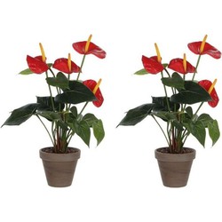 2x Kunstplanten anthurium rood flamingoplant in pot 40 cm - Kunstplanten