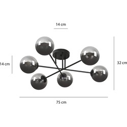 Kangasala ronde speelse 6L plafondlamp zwart met gerookte glas bollen E14