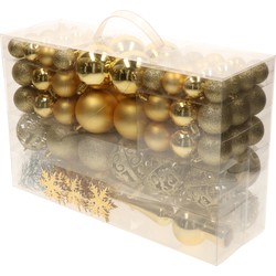 Pakket met 110x stuks kunststof kerstballen/ornamenten met piek goud - Kerstbal