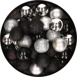 28x stuks kunststof kerstballen zilver en zwart mix 3 cm - Kerstbal