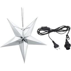 Kerstster decoratie zilveren ster lampion 70 cm inclusief zwarte lichtkabel - Kerststerren