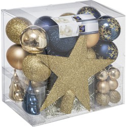 Set van 43x stuks kunststof kerstballen met ster piek champagne/blauw mix - Kerstbal