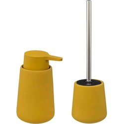 WC-/toiletborstel en houder - zandsteen mosterd geel - met zeeppompje - Badkameraccessoireset
