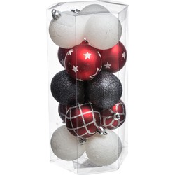 Feeric Christmas Kerstballen - 15x st - wit/rood/zwart - D5 cm - kunststof - Kerstbal