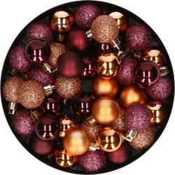 Kleine kunststof kerstversiering 40x stuks set en 3 cm kerstballen in het aubergine en koper - Kerstbal