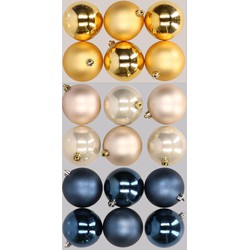 18x stuks kunststof kerstballen mix van donkerblauw, champagne en goud 8 cm - Kerstbal