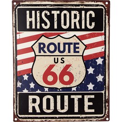 Clayre & Eef Tekstbord  20x25 cm Blauw Rood Ijzer Historic Route Route 66 Wandbord
