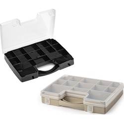 Forte Plastics - Opberg vakjes doos/Sorteerbox - 13-vaks kunststof - 27 x 20 x 3 cm - zwart/taupe - Opbergbox