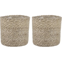 2x stuks naturel rotan planten pot mand van gedraaid jute/riet H14 en D14 cm - Plantenpotten