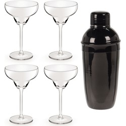 4x Cocktailglazen / Margarita glazen transparant 300 ml + Cocktailshaker zwart 500 ml RVS - Cocktailglazen