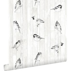 ESTAhome behang pengetekende vogels op sloophout planken zwart en mat wit - 53 cm x 10,05 m - 128834