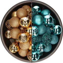74x stuks kunststof kerstballen mix van turquoise blauw en goud 6 cm - Kerstbal