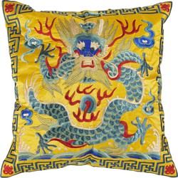 Fine Asianliving Chinese Kussen Volledig Geborduurd Geel Draak 45x45cm