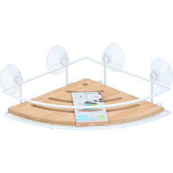 Doucherekje hoek - metaal/bamboe met zuignappen - 27cm - badkamerrekje - Douche- en badrekjes