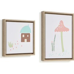 Kave Home - Set van 2 schilderijen Leshy blauw huis en roze paddestoel 30 x 30 cm / 30 x 40 cm