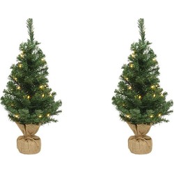 2x Kerst kerstbomen groen in jute zak met verlichting 90 cm - Kunstkerstboom
