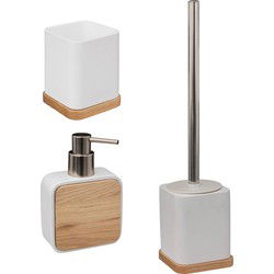 Badkamer/toilet accessoires set 3-delig - wit - bamboe - WC-borstel/tandenborstelhouder/zeeppompje - Badkameraccessoireset