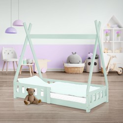 ML-Design kinderbed tipi 70x140 cm mintgroen met uitvalbeveiliging en lattenbodem, grenen hout, indianenbed van massief hout voor meisjes jongens, huisbed met hek kinderhuisje jeugdbed speelbed tent