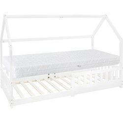 Kinderbed huisbed 90x200 cm wit gemaakt van dennenhout incl. matras H-16cm uitvalbeschermend dak en lattenbodem ML-Design