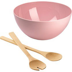Salade/fruit serveer schaal - roze - kunststof - Dia 28 cm - met bamboe Sla couvert/bestek - Serveerschalen