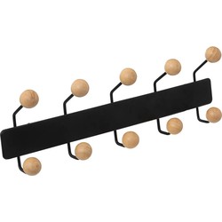 5Five Kapstok rek voor wand/muur - zwart/beige - 10x houten ophang knoppen - metaal - B44 x H14 cm - Kapstokken
