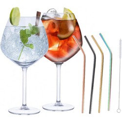 Set van 4x Gin Tonic cocktailglazen met 4x gekleurde rietjes RVS - Cocktailglazen