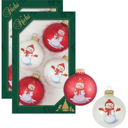 8x stuks luxe glazen kerstballen 7 cm wit en rood met sneeuwpop - Kerstbal