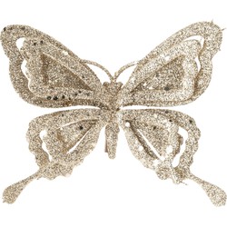 1x stuks decoratie vlinders op clip glitter champagne 14 cm - Kersthangers