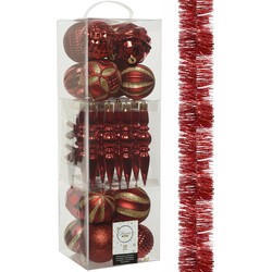 Decoris 30x stuks kunststof kerstballen en ornamenten met slinger rood - Kerstbal