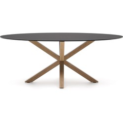 Kave Home - Argo ovale tafel in matzwart glas en stalen poten met houteffect Ø 200 x 100 cm