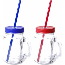 6x stuks drink potjes van glas Mason Jar blauw/rood 500 ml - Drinkbekers