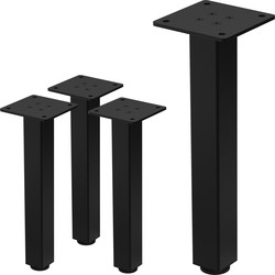 Set van 4 tafelpoten I-Design 30 cm glanzend zwart gepoedercoat staal vierkant profiel 4x4 cm In hoogte verstelbare meubelpoten 1-4 cm