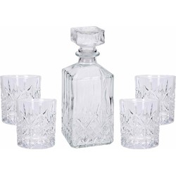 Glazen decoratie fles/karaf 900 ml met 4x glazen 230 ml voor water of likeuren - Karaffen