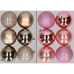 12x stuks kunststof kerstballen mix van champagne en roze 8 cm - Kerstbal