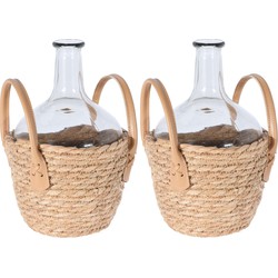 Set van 2x stuks flesvaas glas transparant met gevlochten rieten mand 18 x 27 cm - Vazen