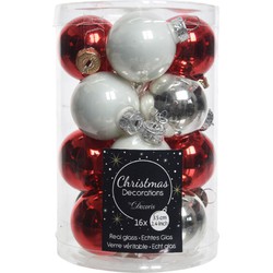 Kerstbal glas d3.5 cm wit/rood 16st kerst