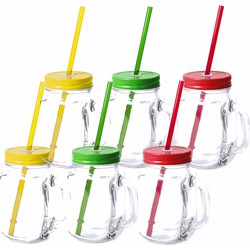 12x stuks drink potjes van glas Mason Jar geel/groen/rood 500 ml - Drinkbekers