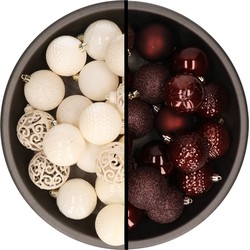 Kerstballen - 74x stuks - wol wit en mahonie bruin - 6 cm - kunststof - Kerstbal