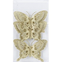 3x stuks decoratie vlinders op clip glitter goud 14 cm - Kersthangers