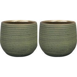 2x stuks plantenpot/bloempot keramiek donkergroen stripes relief - D15/H13 cm - Plantenpotten