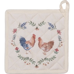 Clayre & Eef Pannenlap  20x20 cm Beige Blauw Katoen Vierkant Kip en Haan Afgiet Pannenlap