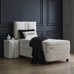 Boxspring bed met opbergruimte - 120x200 cm - Beige - Opbergbed Aura Inclusief 28 cm matras en topper HR- Koudschuim