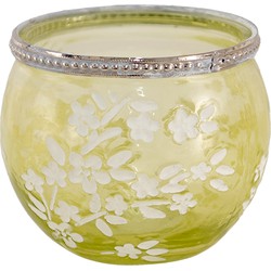 Clayre & Eef Theelichthouder  Ø 10x9 cm Groen Wit Glas Metaal Rond Bloemen Waxinelichthouder