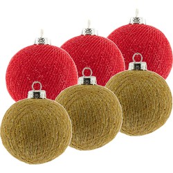 6x Rood/gouden Cotton Balls kerstballen decoratie 6,5 cm - Kerstbal